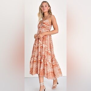 New Geo Print Lulu’s Halter Terracotta Orange And White Sundress Sz. Large